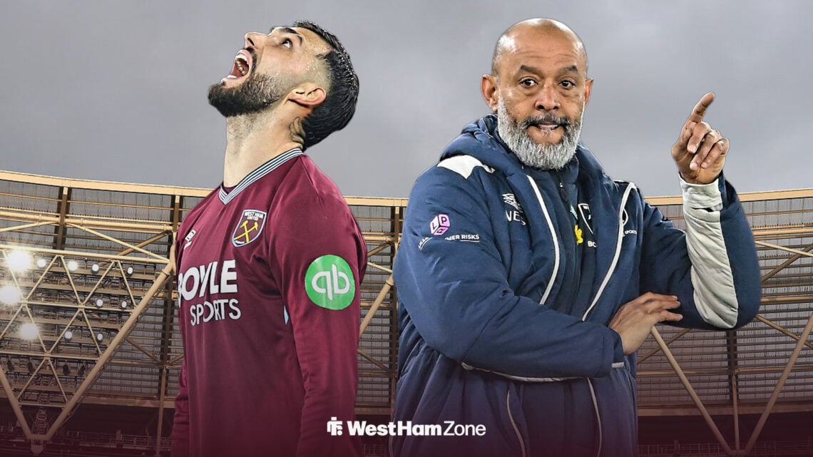 Taty Castellanos looking frustrated alongside Nuno Espirito Santo at London Stadium