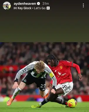 Ayden Heaven's Instagram story - image of himself tackling Newcastle's Nick Woltemade