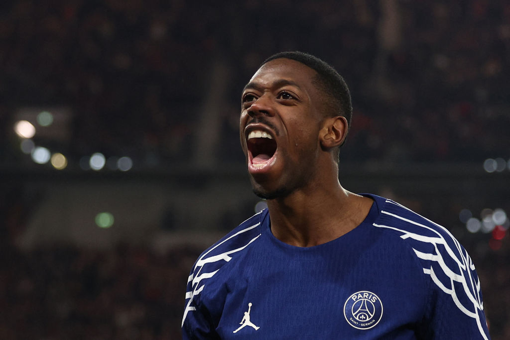Paris Saint-Germain's French forward #10 Ousmane Dembele celebrates scoring the 0-4 during the UEFA Champions League football match VfB Stuttgart vs Paris Saint-Germain in Stuttgart, southwestern Germany, on January 29, 2025.