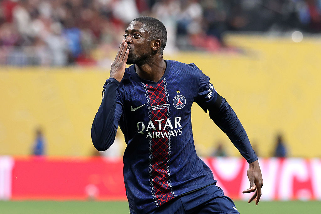 Ousmane Dembele #10 of Paris Saint-Germain celebrates scoring his team's second goal during the FIFA Club World Cup 2025 quarter-final match between Paris Saint-Germain and FC Bayern M&uuml;nchen at Mercedes-Benz Stadium on July 05, 2025 in Atlanta, Georgia.