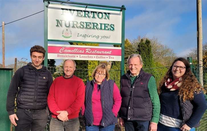 Everton Nurseries directors Toby Collyer, Maria Currie and Simon Collyer with Alessio Collyer and Lucy Collyer in the firm's centenary year in 2022