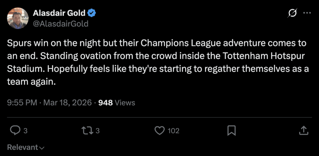 [Alasdair Gold] Spurs win on the night but their Champions League adventure comes to an end. Standing ovation from the crowd inside the Tottenham Hotspur Stadium. Hopefully feels like they're starting to regather themselves as a team again.