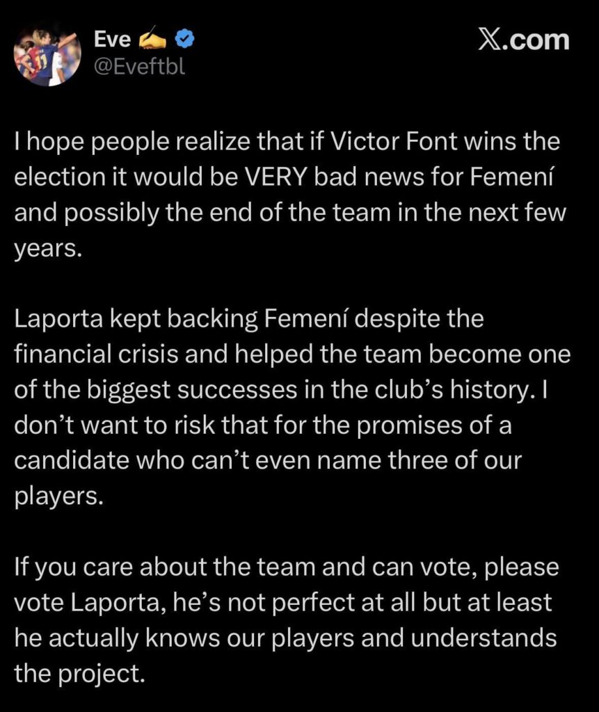Would you vote for Font if it means the women’s team will be gone in a few years but men’s team will be a lot more stable financially? Or would you vote for Laporta whose reputation is very bad but he will try to support both women’s and men’s teams?