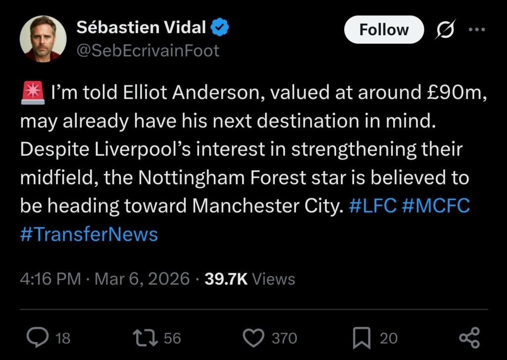 [Sebastian Vidal] Elliott Anderson has his mind set on joining Manchester City this summer.