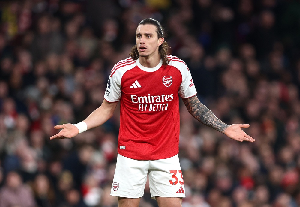 Riccardo Calafiori of Arsenal reacts during the Premier League match between Arsenal and Everton at Emirates Stadium on March 14, 2026 in London, England. (Photo by Alex Pantling/Getty Images)