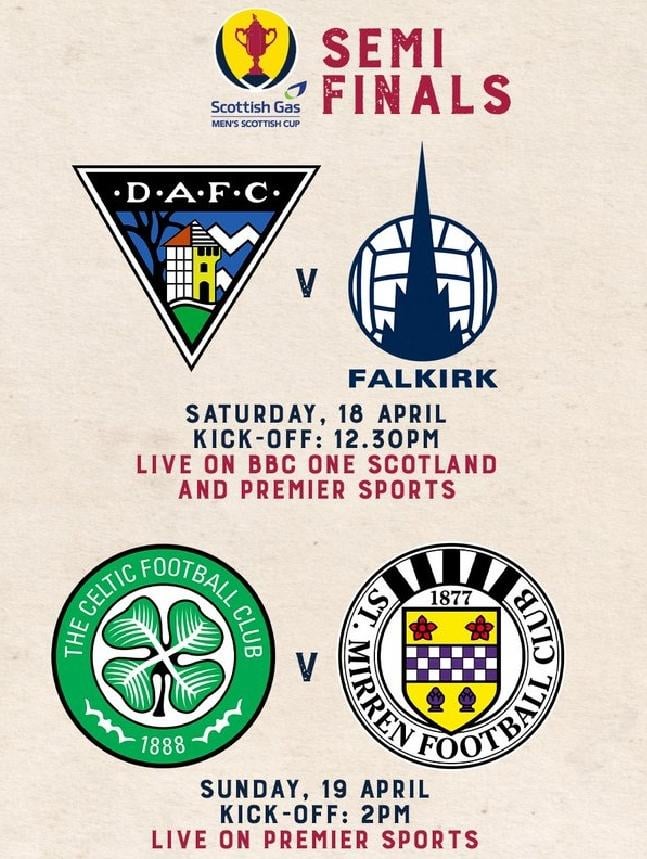 Scottish Cup Semi Final Kick offs confirmed