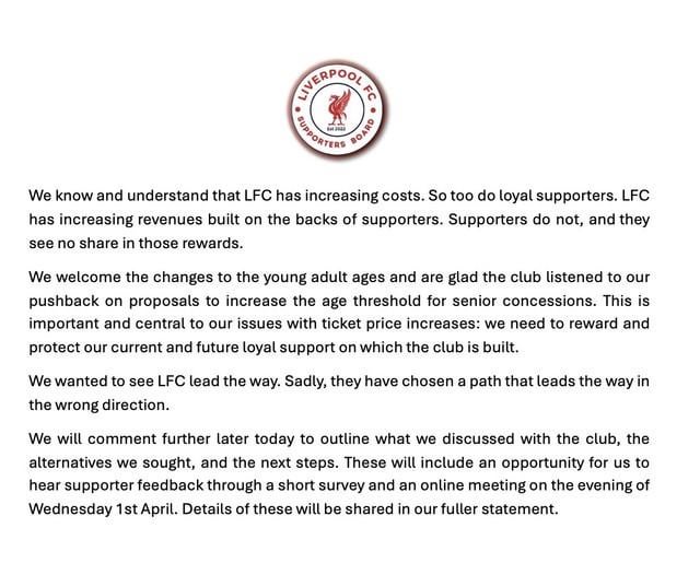 Liverpool FC Supporters Board Statement on Ticket Price Rises