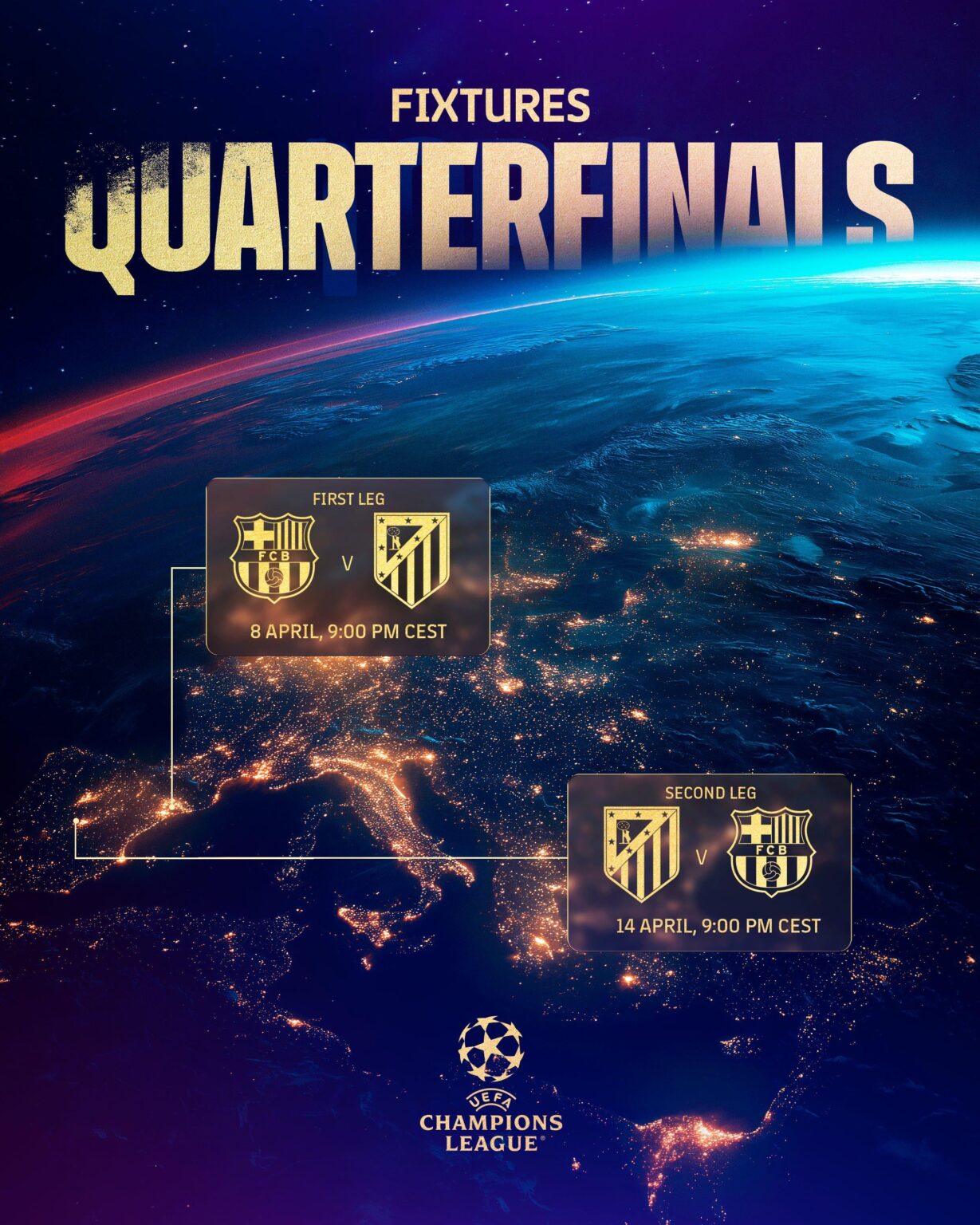 Date and Time for UEFA Champions League 2025-26 Quarter Finals. Barcelona vs Atletico Madrid face each other at 9:00PM CEST on April 8th and April 14th, 2026.