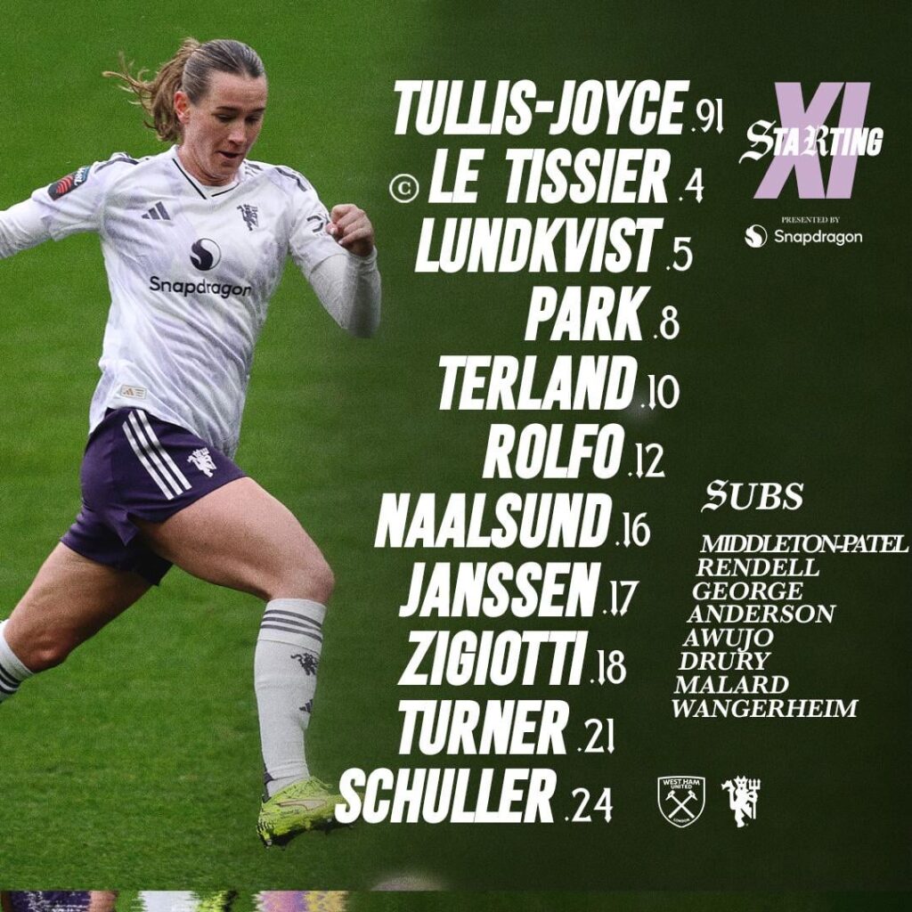 Man Utd W Starting XI Vs West Ham W, WSL | Tullis-Joyce; Lundkvist, Le Tissier(C), Turner, Janseen; Naalsund, Zigiotti; Park, Terland, Rolfo; Schuller