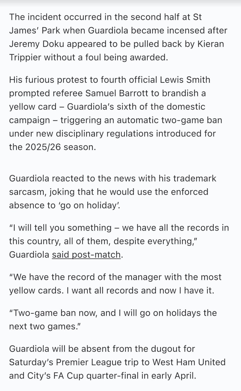 Pep’s response to the two match ban 😂