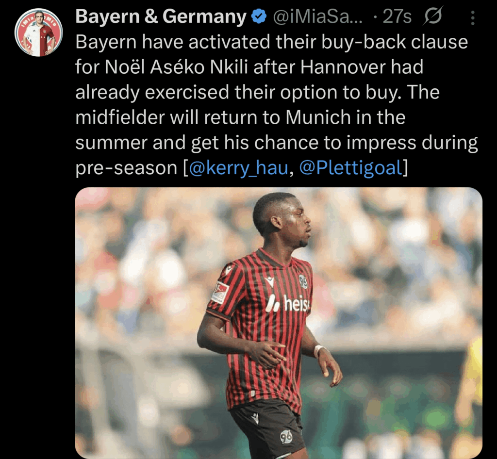 Bayern have activated their buy-back clause for Noël Aséko Nkili after Hannover had already exercised their option to buy.