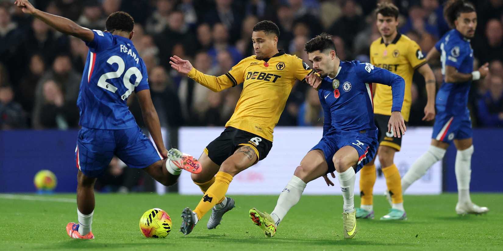 Chelsea's Wesley Fofana in action with Wolverhampton Wanderers' Joao Gomes