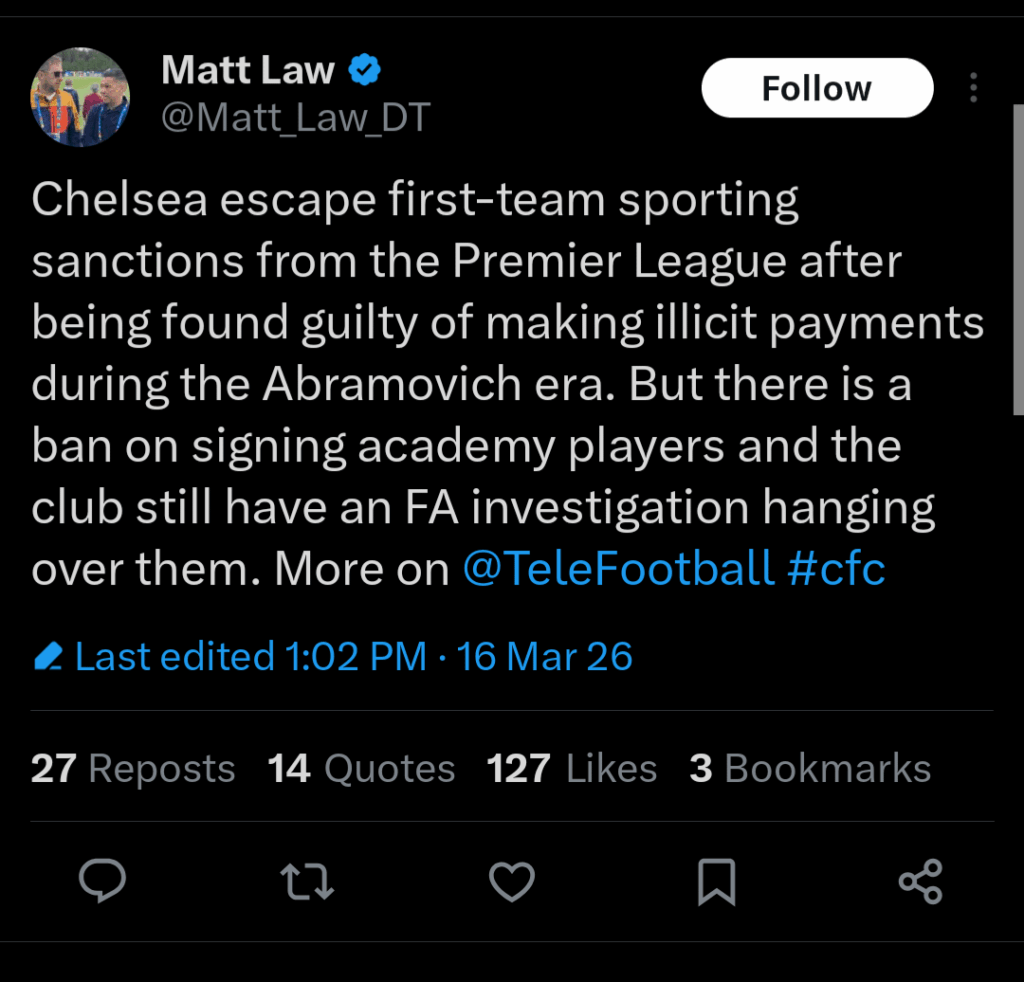 Matt Law: Chelsea escape first-team sporting sanctions from the Premier League after being found guilty of making illicit payments during the Abramovich era. But there is a ban on signing academy players and the club still have an FA investigation hanging over them.