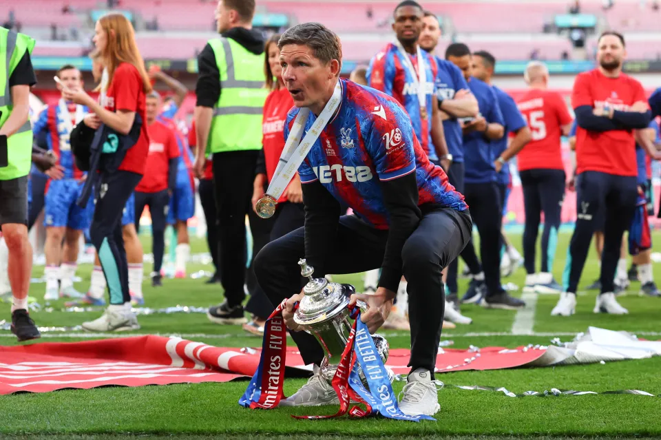Crystal Palace head coach Oliver Glasner holding the FA Cup