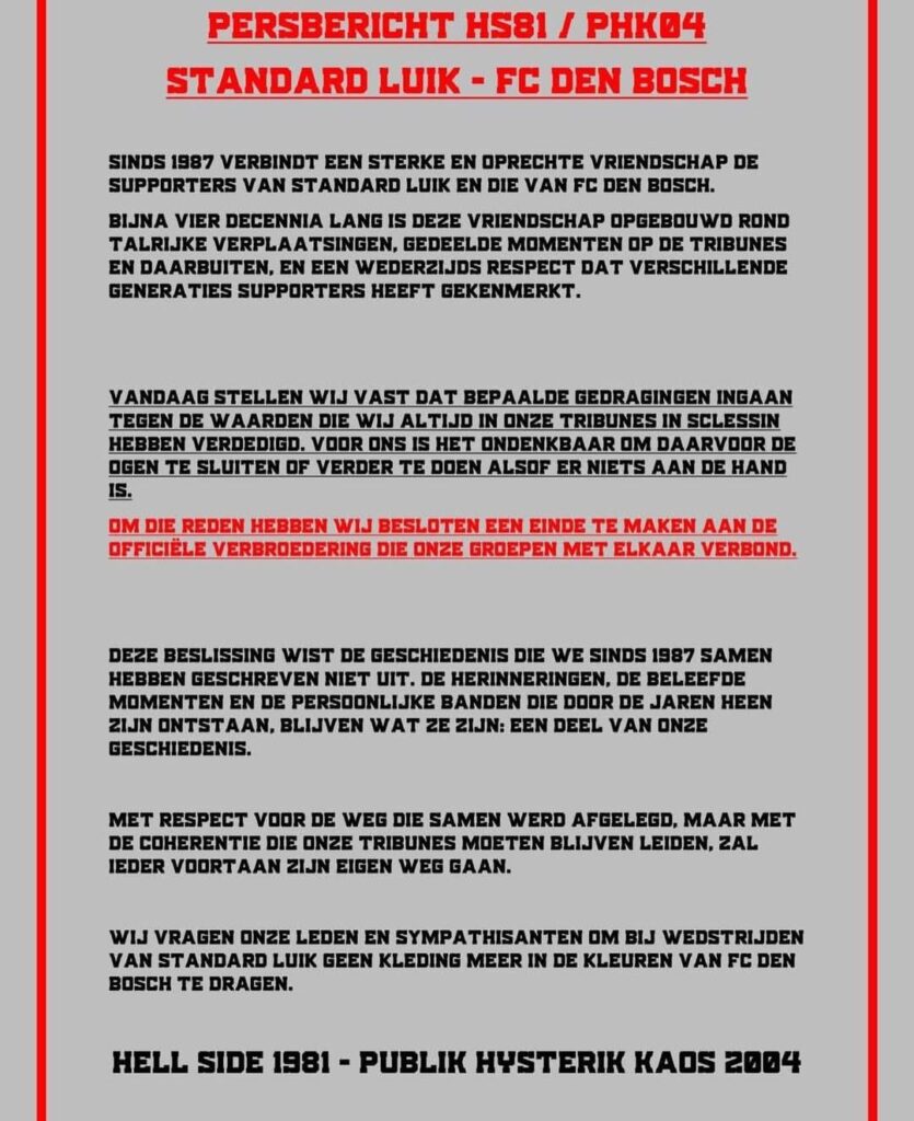 Fans van Standard Luik verbreken na 40 jaar hun vriendschapsband met FC Den Bosch