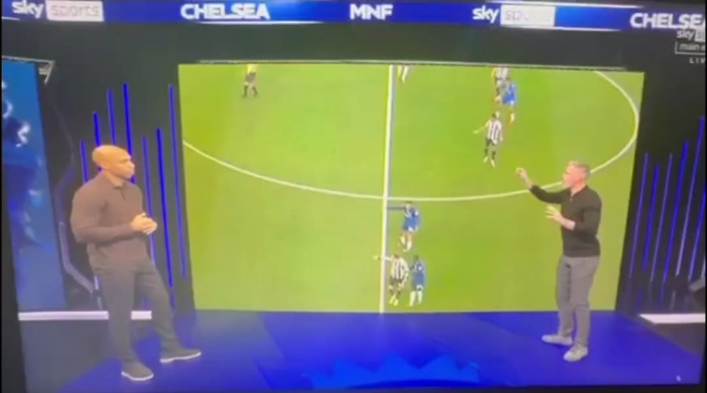 Jamie Carragher analysis for Newcastle's goal against Chelsea cites failure of modern day defenders to adapt to marking patterns as reason for goal. Fofana fails to mark Gordon whilst Chalobah and James mix up who they're marking and leave a Newcastle passing option wide open.