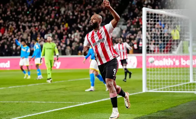 Brentford's Igor Thiago celebrates scoring during the English Premier League soccer match between Brentford and Wolverhampton Wanderers in London, Monday March 16, 2026. (Nick Potts/PA via AP)