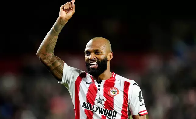 Brentford's Igor Thiago celebrates scoring during the English Premier League soccer match between Brentford and Wolverhampton Wanderers in London, Monday March 16, 2026. (Nick Potts/PA via AP)