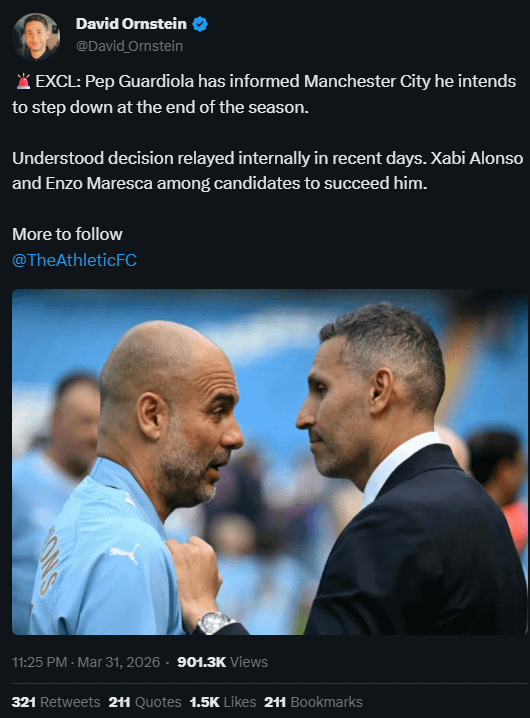 [David Ornstein]🚨EXCL: Pep Guardiola has informed Manchester City he intends to step down at the end of the season.