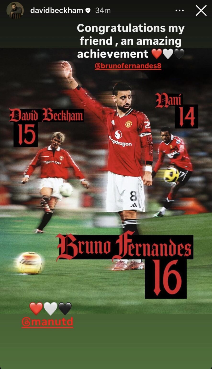 📸David Beckham to Bruno Fernandes on Instagram: “Congratulations my friend, amazing achievement ❤️🤍🖤”
