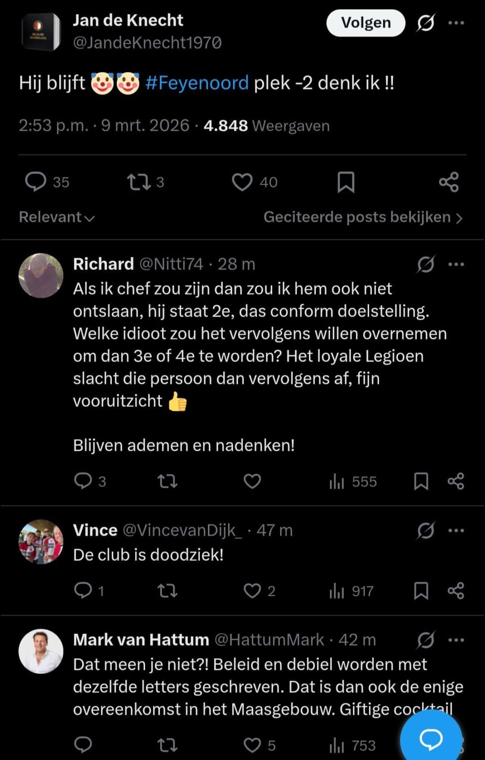 Jan de Knecht meldt op Twitrer dat Van Persie niet wordt ontslagen [Gerucht]