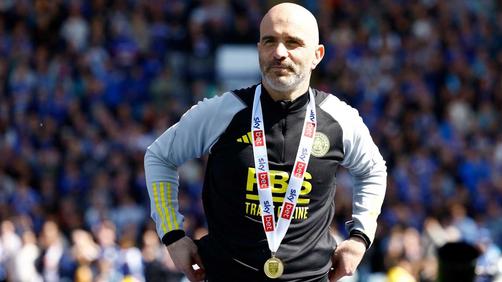 Enzo Maresca celebrates winning the Championship with Leicester City