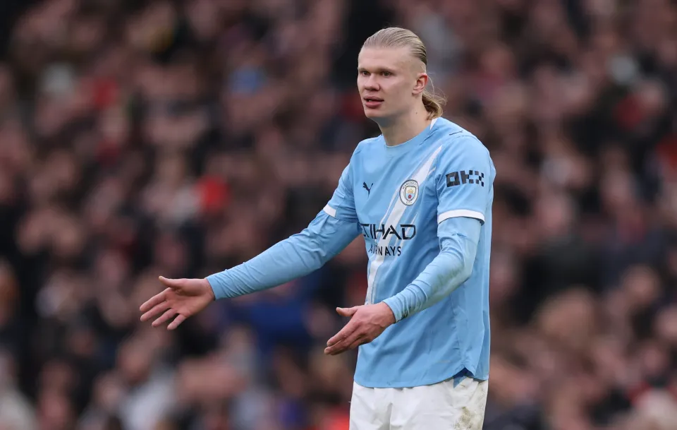 Erling Haaland of Manchester City reacts during the Premier League match between Manchester United and Manchester City at Old Trafford on January 17, 2026 in Manchester, England.