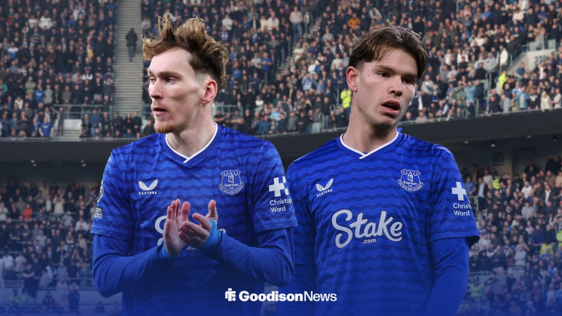 James Garner and Tyler Diblin inside of Everton's ground, Hill Dickinson Stadium.