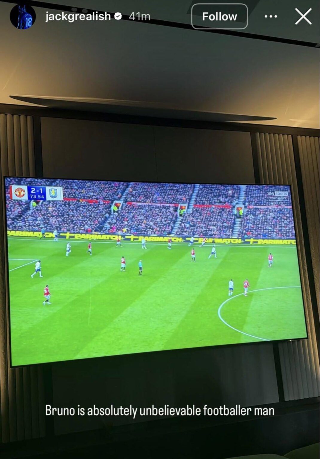 🚨📸 | Jack Grealish reacts to Bruno Fernandes’ performance against Aston Villa on Instagram. 🤝❤️