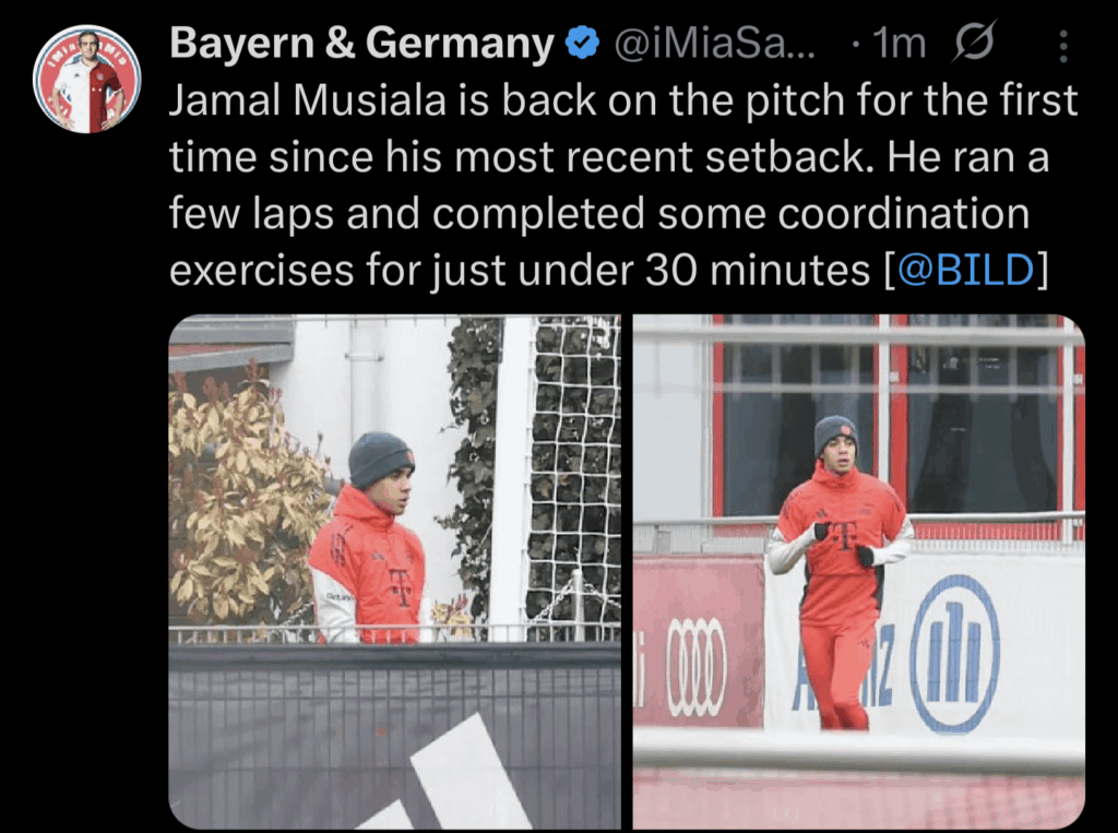 Jamal Musiala is back on the pitch for the first time since his most recent setback. He ran a few laps and completed some coordination exercises for just under 30 minutes