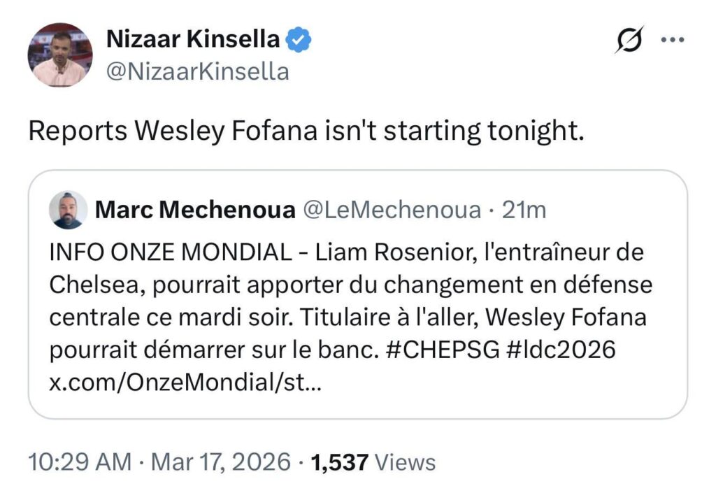 Nizaar Kinsella: Reports Wesley Fofana isn't starting tonight.