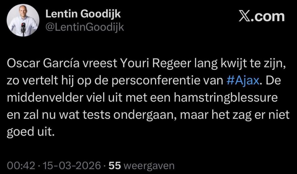 Oscar García fears losing Youri Regeer for a long time, he says at the Ajax press conference. The midfielder dropped out with a hamstring injury and will now undergo some tests, but it didn't look good.