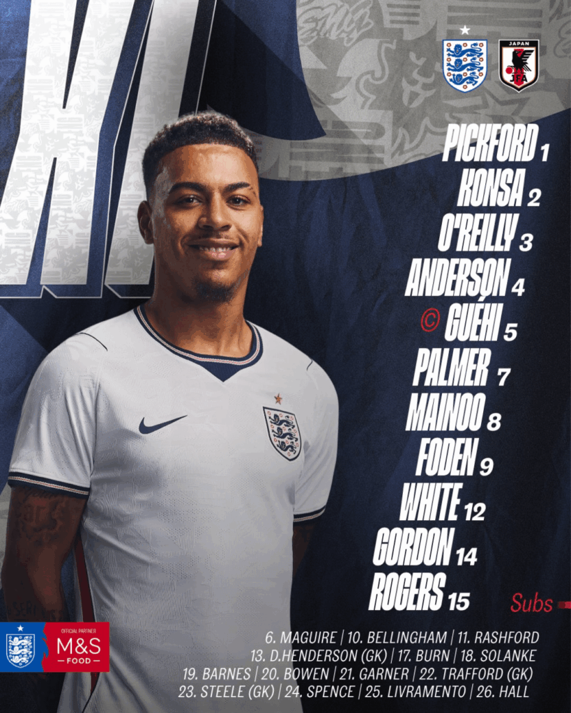 Kobbie Mainoo starts for England vs Japan, Harry Maguire on bench