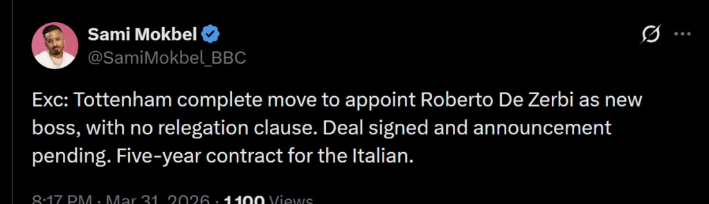 Exc: Tottenham complete move to appoint Roberto De Zerbi as new boss, with no relegation clause. Deal signed and announcement pending. Five-year contract for the Italian.