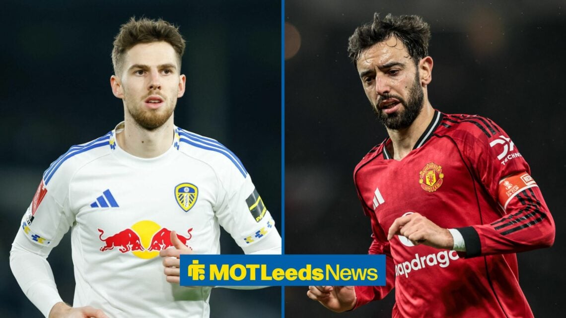 50/50 image of Leeds United's Anton Stach playing in the Premier League while next to Manchester United midfielder Bruno Fernandes who is also play...