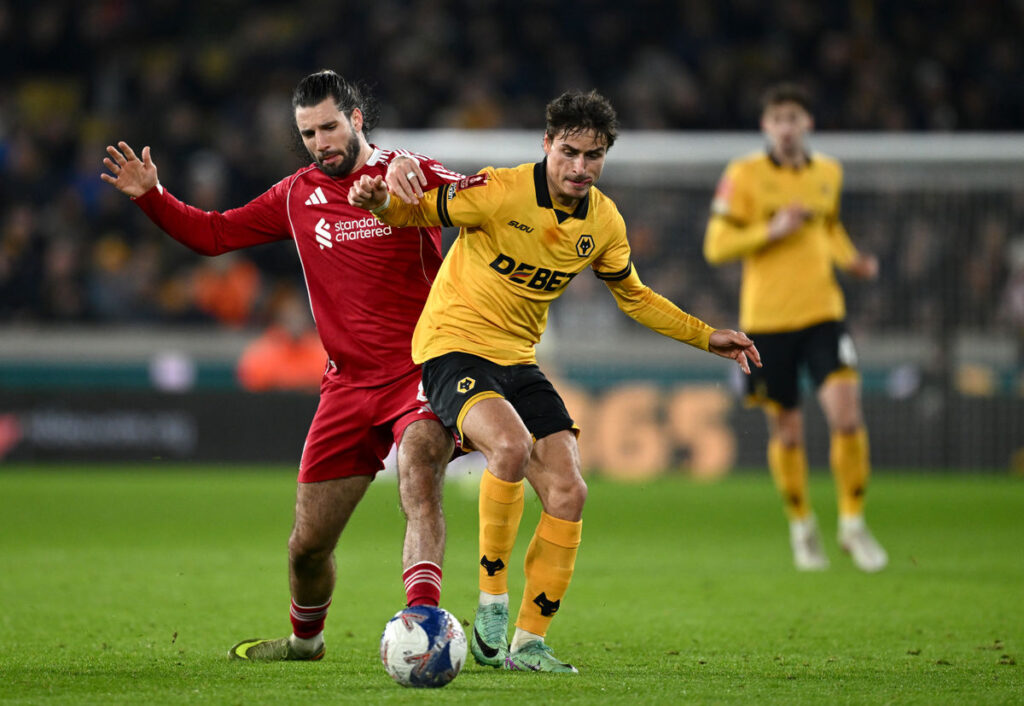 Jorgen Strand Larsen going up against Hugo Bueno at Selhurst Park in February after the striker completed a £43million switch to Crystal Palace. (Photo by Luke Hales/Getty Images)