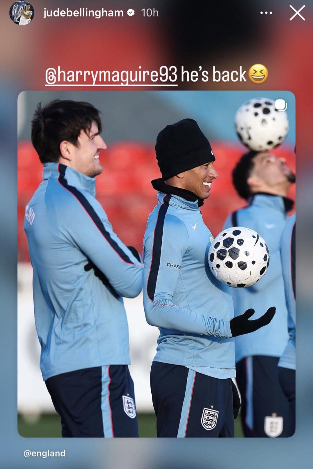 🚨📸 | Jude Bellingham with Harry Maguire on Instagram:

“@HarryMaguire93 he’s back 😆”