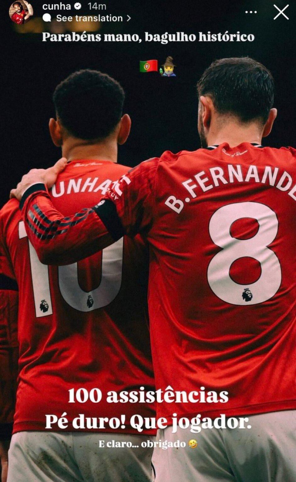 🚨📸 | Matheus Cunha to Bruno Fernandes on Instagram:

“Congratulations, bro. This is something historic.

“100 assists. Clumsy foot! What a player.

“And of course.. thank you 🤣”