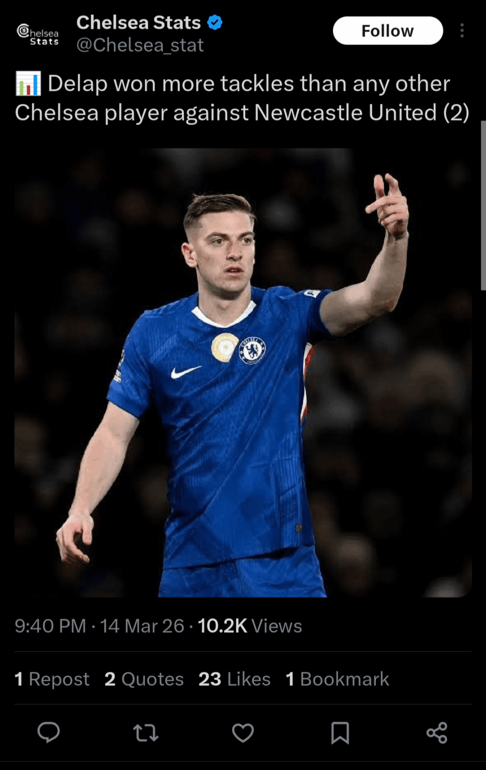 Chelsea Stats: 📊 Delap won more tackles than any other Chelsea player against Newcastle United (2)