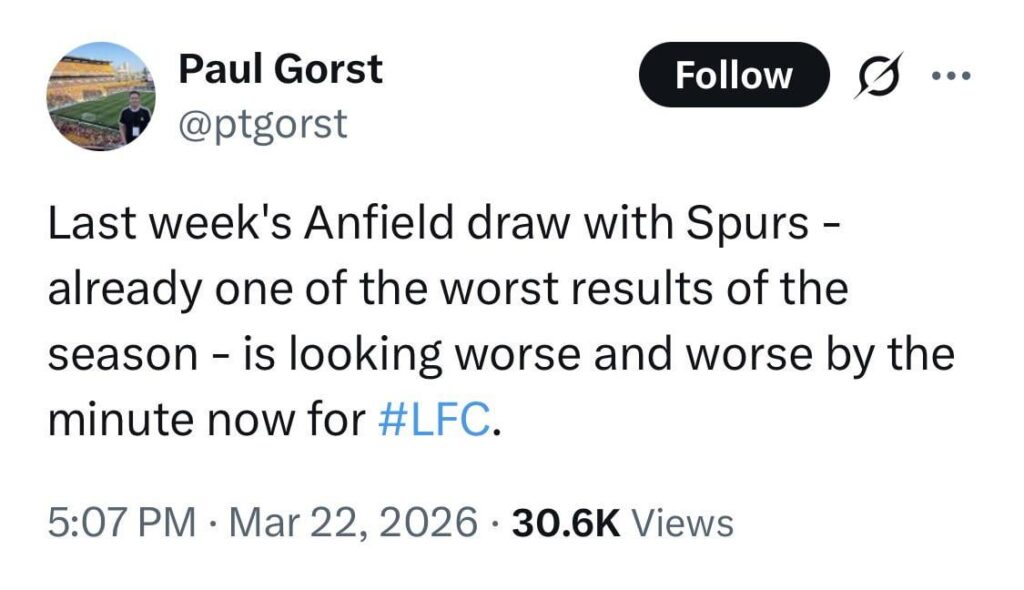 [Paul Gorst] Last week's Anfield draw with Spurs - already one of the worst results of the season - is looking worse and worse by the minute now for #LFC.