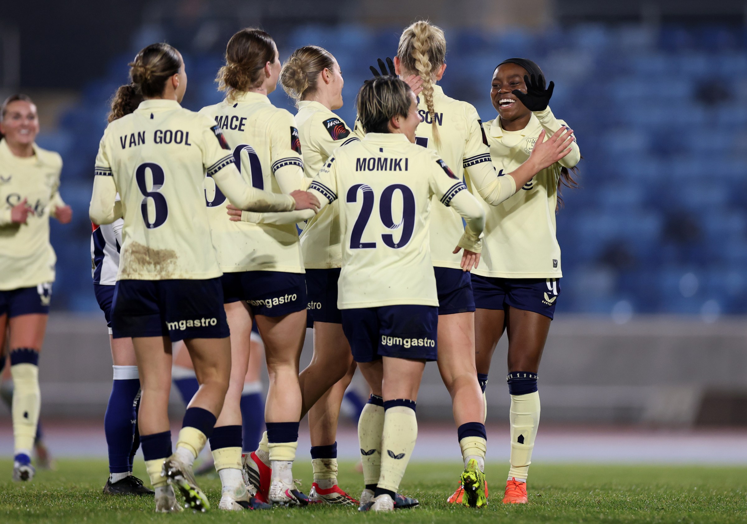 BIRMINGHAM, ENGLAND - JANUARY 15: Issy Hobson of Everton celebrates scoring her team’s fifth goal with teammates during the Adobe Women’s FA Cup Fourth Round match between West Bromwich Albion and Everton at Alexander Stadium on January 15, 2026 in Birmingham, England. (Photo by Jack Thomas - The FA/The FA via Getty Images)