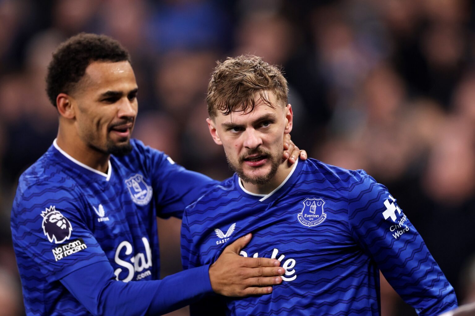 LIVERPOOL, ENGLAND - MARCH 03: Kiernan Dewsbury-Hall of Everton celebrates scoring his team’s second goal with teammate Iliman Ndiaye during the Premier League match between Everton and Burnley at Hill Dickinson Stadium on March 03, 2026 in Liverpool, England. (Photo by Carl Recine/Getty Images)