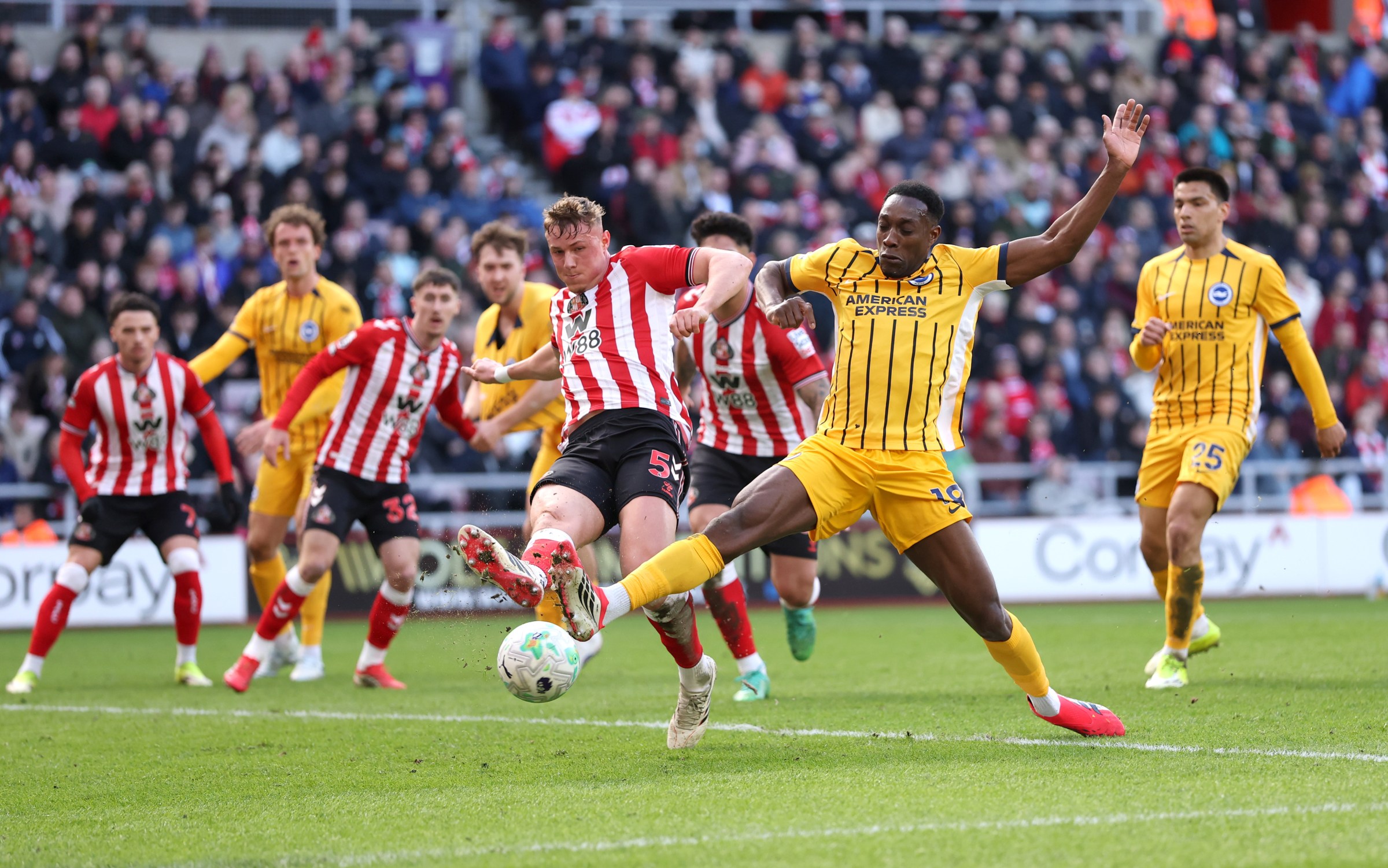 SUNDERLAND, ENGLAND - MARCH 14: Daniel Ballard of Sunderland and Danny Welbeck of Brighton & Hove Albion battle for possession during the Premier League match between Sunderland and Brighton & Hove Albion at Stadium of Light on March 14, 2026 in Sunderland, England. (Photo by Stu Forster/Getty Images)