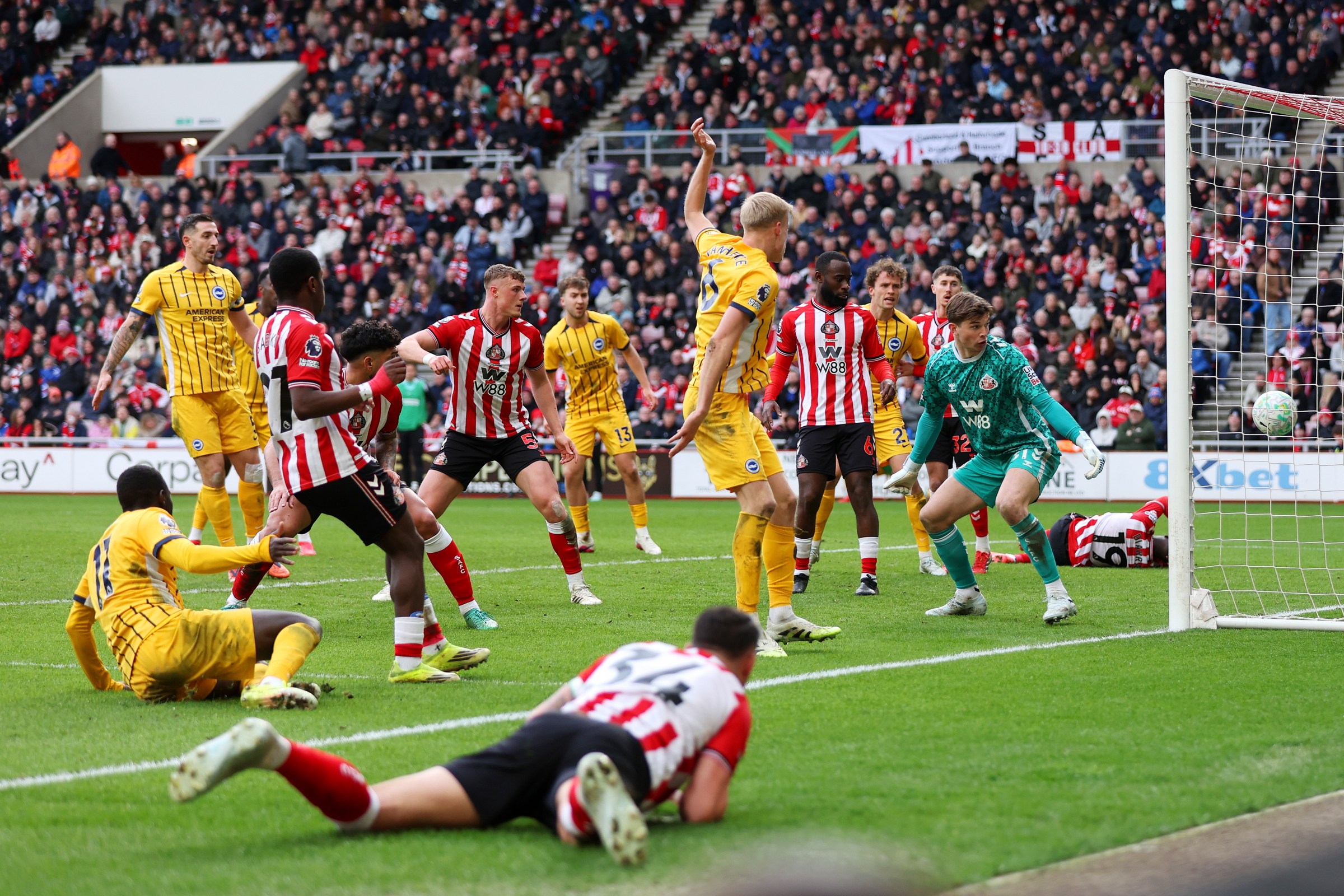 SUNDERLAND, ENGLAND - MARCH 14: Melker Ellborg of Sunderland concedes his sides first goal which was scored by Yankuba Minteh of Brighton & Hove Albion during the Premier League match between Sunderland and Brighton & Hove Albion at Stadium of Light on March 14, 2026 in Sunderland, England. (Photo by George Wood/Getty Images)