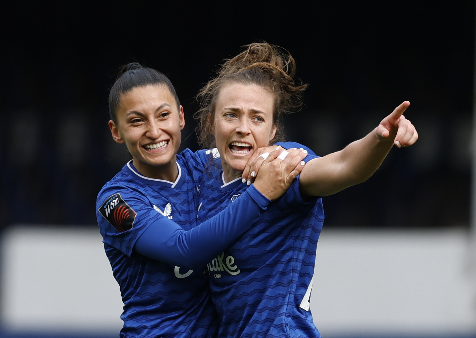 Everton’s Aurora Galli (right) celebrates her team’s first goal from her free kick during the Barclays Women’s Super League match at Goodison Park, Liverpool. Picture date: Saturday March 28, 2026. (Photo by Cody Froggatt/PA Images via Getty Images)