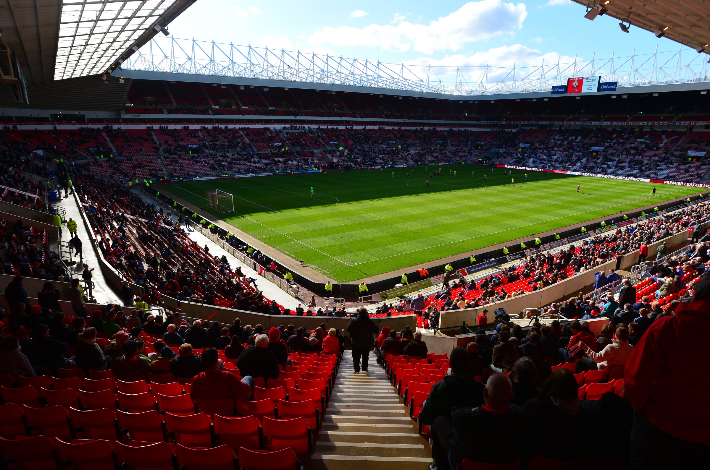 SUNDERLAND, ENGLAND - APRIL 11: Sunderland fans leave the Stadium of Light early after watching their side lose 4-0 to Crystal Palace during the Barclays Premier League match between Sunderland and Crystal Palace at Stadium of Light on April 11, 2015 in Sunderland, England. (Photo by Mark Runnacles/Getty Images)