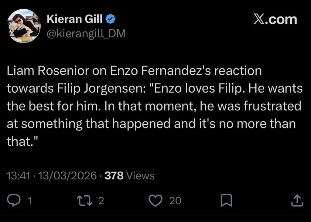 [Kieran Gill] Liam Rosenior on Enzo Fernandez's reaction towards Filip Jorgensen: "Enzo loves Filip. He wants the best for him. In that moment, he was frustrated at something that happened and it's no more than that."