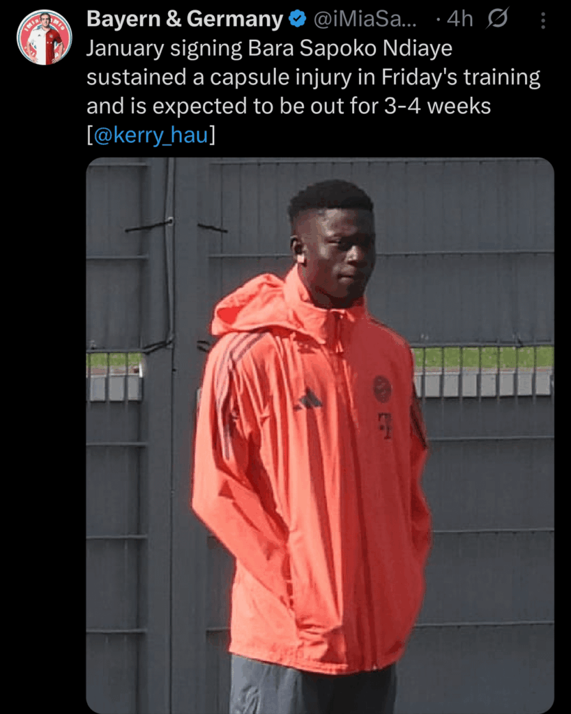 Bara Sapoko has suffered an injury, which will rule him out for 3-4 weeks.