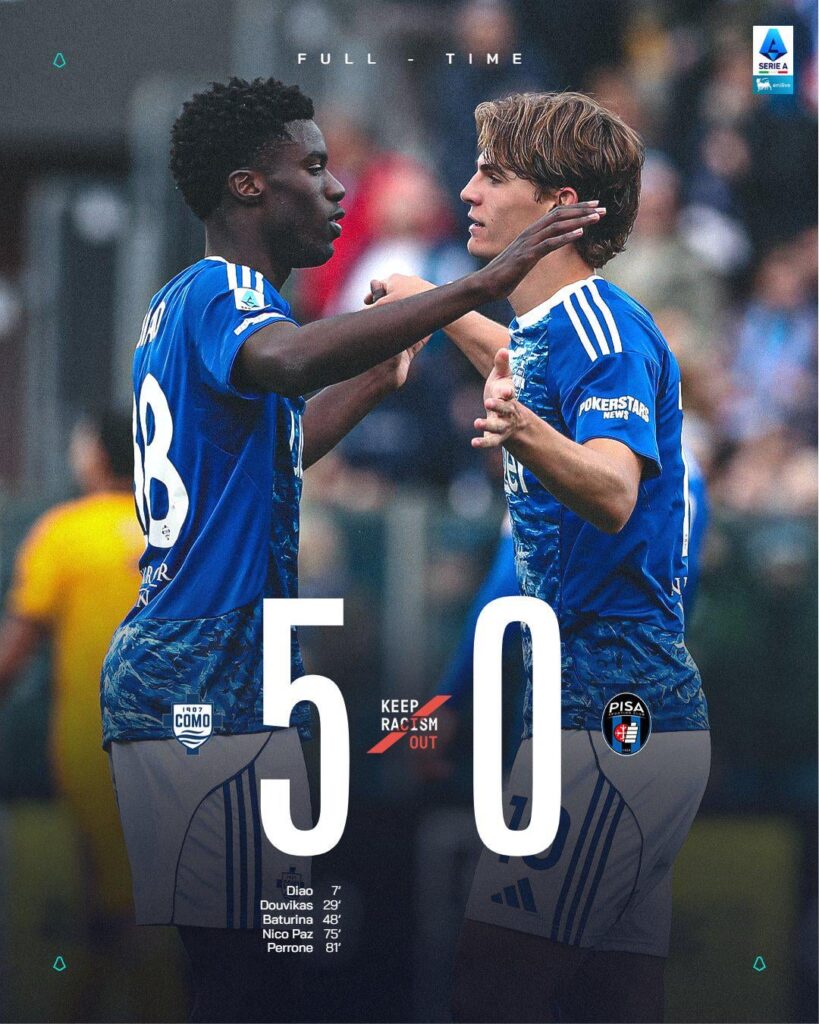 Il Como batte il Pisa e vola a +3 dalla Juventus e +6 dalla Roma 🔵⚪🌊
