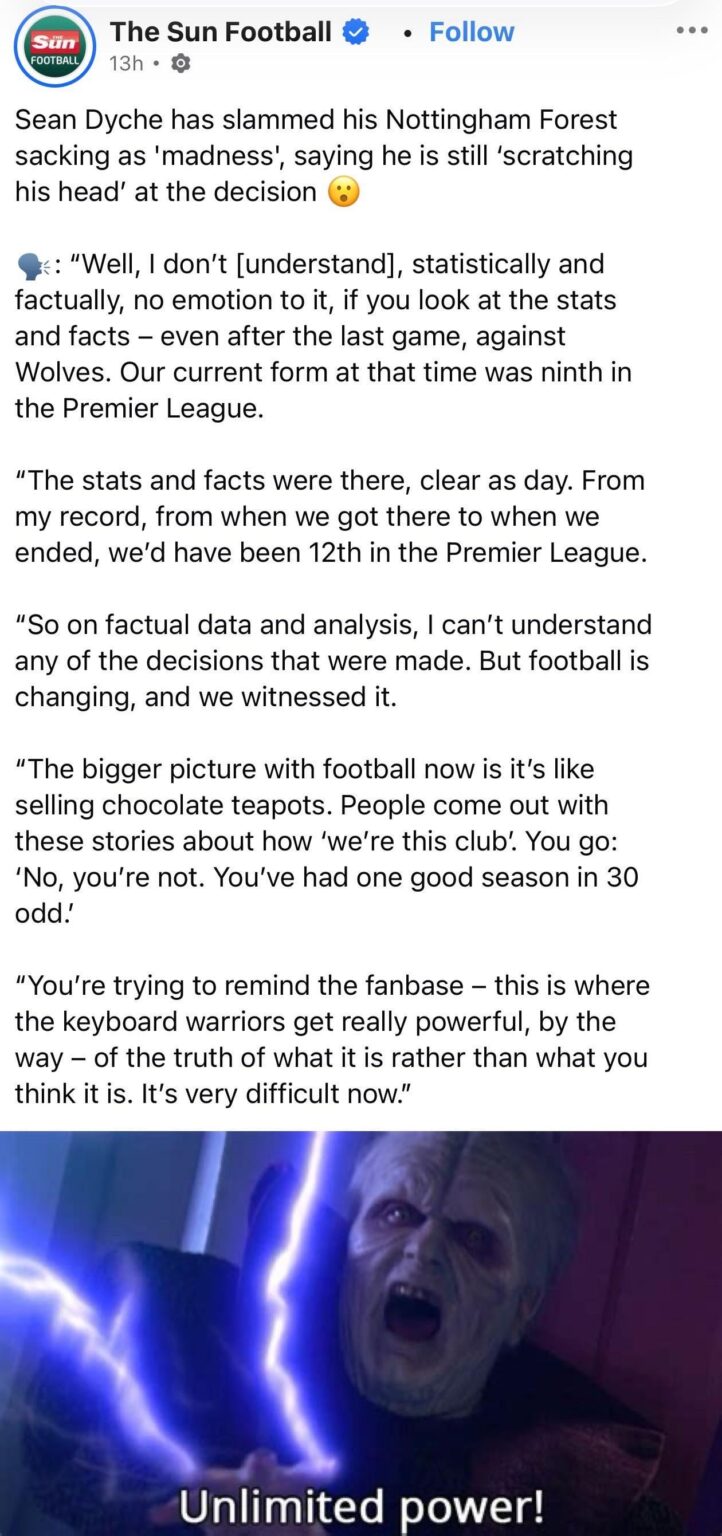 “Keyboard warriors” were to blame for Dyche being sacked. How the mods feel this morning: